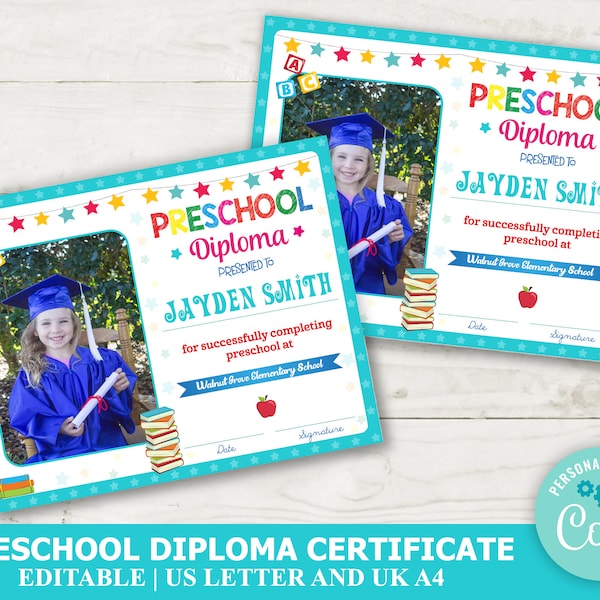 Editable Preschool Diploma with Picture, Preschool Diploma Homeschool , INSTANT DOWNLOAD