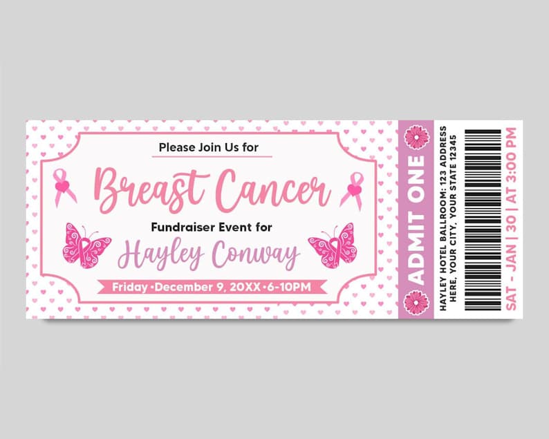 Editable Breast Cancer Fundraiser Ticket | DIY Pink Cancer Benefit ...