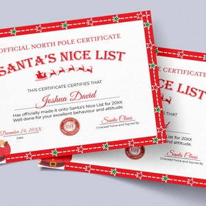Editable Santa Certificate, Cute Nice List Certificate, Santa Claus Letter to Kids, Festive Red Christmas Certificate