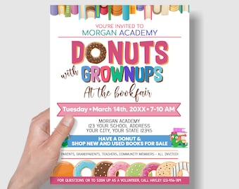 Donuts With Grownups Bookfair Flyer, Nonprofit School PTO PTA Event, School Fundraiser Event, Instant Download Template