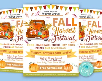 Editable Fall Harvest Festival Flyer, School Church Community Halloween Fall invite, Fall Harvest Invitation Flyer