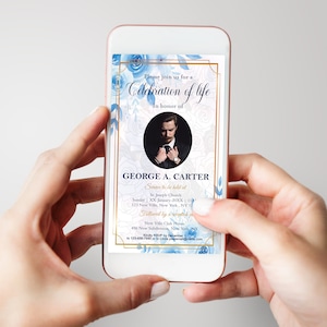 Funeral Invitation Digital, Funeral Announcement Digital Evite for Smartphones, Blue Funeral Invitation Floral Design