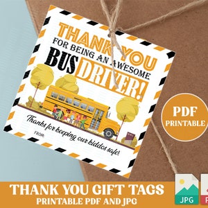 Printable PDF Bus Driver Appreciation Gift Tag Printable, Bus Driver Thank You Tag INSTANT DOWNLOAD