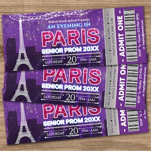 Editable An Evening in Paris Ticket Template, A Night in Paris Prom Ticket, High School Dance Event Ticket, DIY PTO PTA,