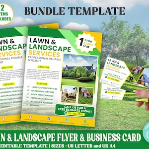 Editable Lawn and Landscaping Flyer and Business Card Bundle, Landscaping Lawn Care, Garden Care Business Marketing, Gardening, Mowing