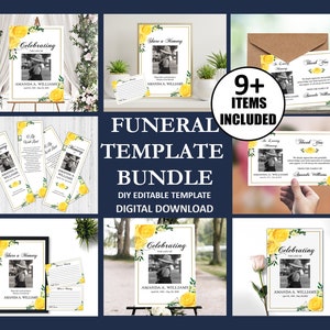 9 Piece Funeral Program Template Bundle Yellow Rose | Thank You Card | Funeral Sign | Funeral Share A Memory | Funeral Bookmark