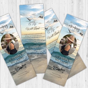 Editable Funeral Bookmark Personalized, Blue Ocean Funeral Keepsake Bookmarks With Photo