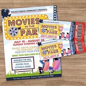 Movies In The Park Flyer and Ticket Bundle Template, Editable Community Benefit Fundraiser, Outdoor Movies in the Park,