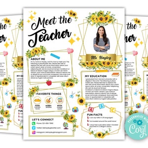 Editable Meet The Teacher Template, Meet The Teacher Letter with Picture, Sunflower Theme Parent Communication Form