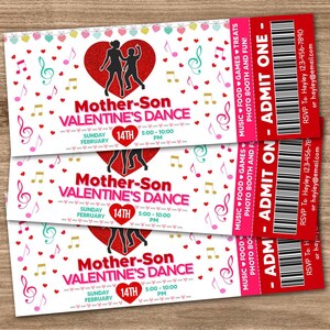 Editable Mother and Son Valentine's Day Dance Ticket, Valentine School Dance Ticket Template, School Dance Printable,