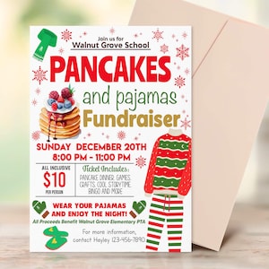 Pancakes and Pajamas Flyer Template, Editable PTA PTO Holiday Fundraiser Flyer Invitation, Christmas School Fundraiser Poster