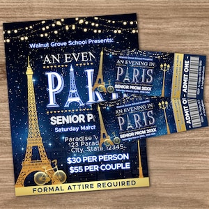 A Night in Paris Prom Flyer and Ticket Bundle Template, School Dance Digital Invite, An Evening in Paris Ticket, High School Dance Event