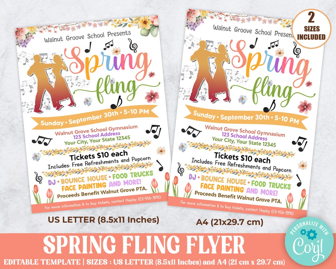 Editable Spring Fling Flyer, PTO PTA School Dance Flyer, Easter Party