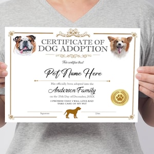 Certificate of Puppy Adoption, Dog Lover Gift Certificate, Dog Adoption Certificate Template, Animal Certificate Template