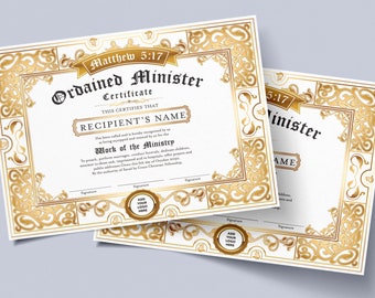 Editable Certificate of Ordination Minister Template, Gold DIY Ministry Certificate, Printable Ordained Minister Certificate