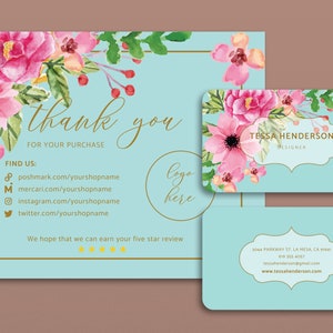 Floral Thank You and Business Card BUNDLE, Flowery Business Card and Thank You Postcard Digital, Custom Boutique Thank You and Business Card