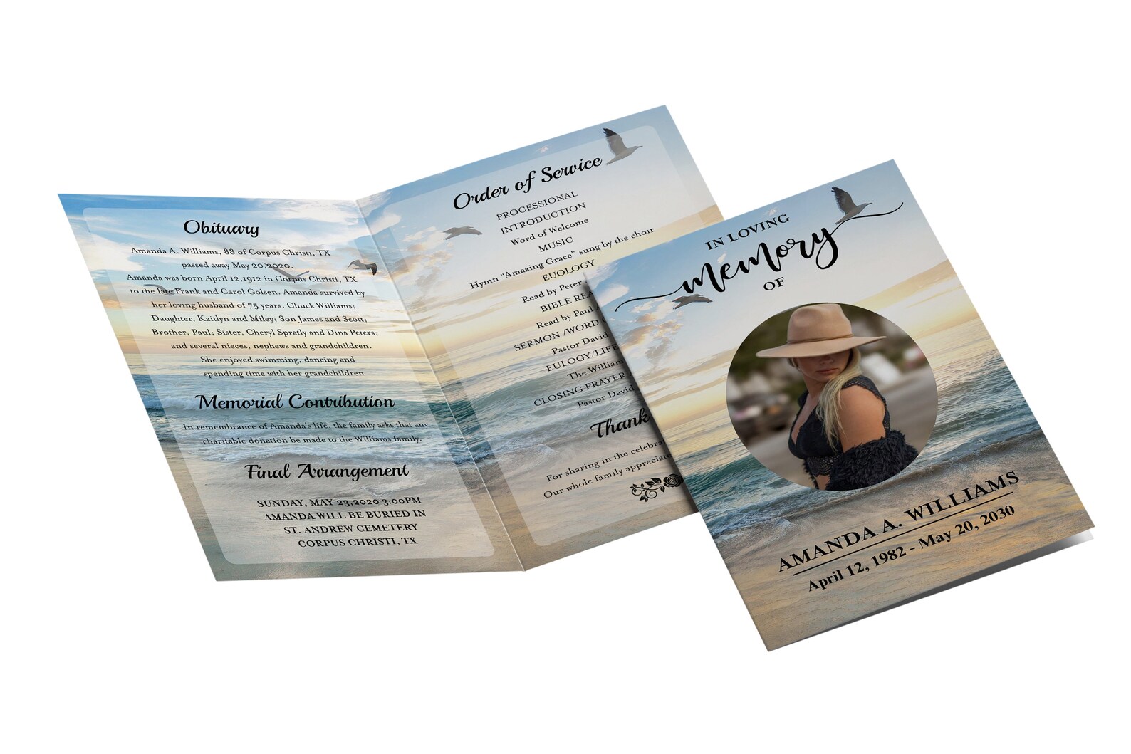 Blue Ocean Obituary Template, 4 Page Ocean Themed Funeral Brochure ...