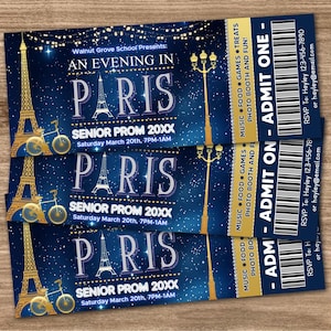 Editable A Night in Paris Prom Ticket, An Evening in Paris, High School Dance Event Ticket, School PTO PTA,