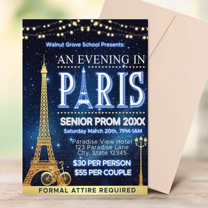 A Night in Paris Prom Flyer, School Dance Digital Invite, An Evening in Paris, High School Dance Event, School PTO PTA, Paperless Post