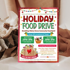 Holiday Food Drive Flyer, Christmas Food Drive Flyer, School Church Community Hunger Drive, Invitation Flyer