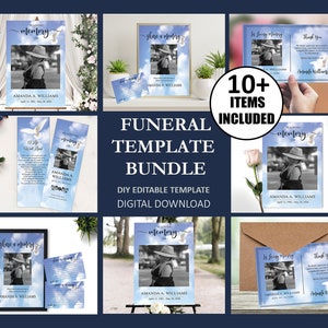 10 Piece Funeral Program Template Bundle Blue Sky Dove with Photo |Thank You Card | Funeral Sign | Funeral Share A Memory | Funeral Bookmark