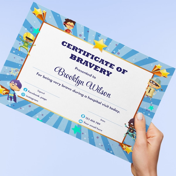 Editable Certificate of Bravery, Blue Printable Kids Certificate Template for Boys for Being Brave, Instant Download