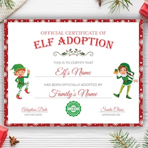 Elf Certificate of Adoption, Editable Elf Theme Stocking Stuffer