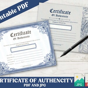 Printable Blank PDF Certificate of Authenticity for Artwork Bundle, Gray and Blue DIY Authenticity Certificate