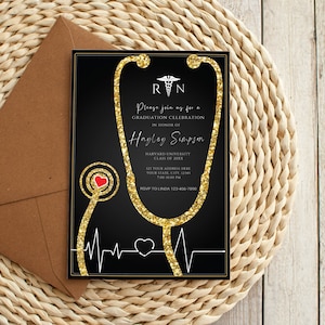 Nurse Graduation Invitation Black and Gold, Nursing Grad Invite Template, Graduation Party Invitation