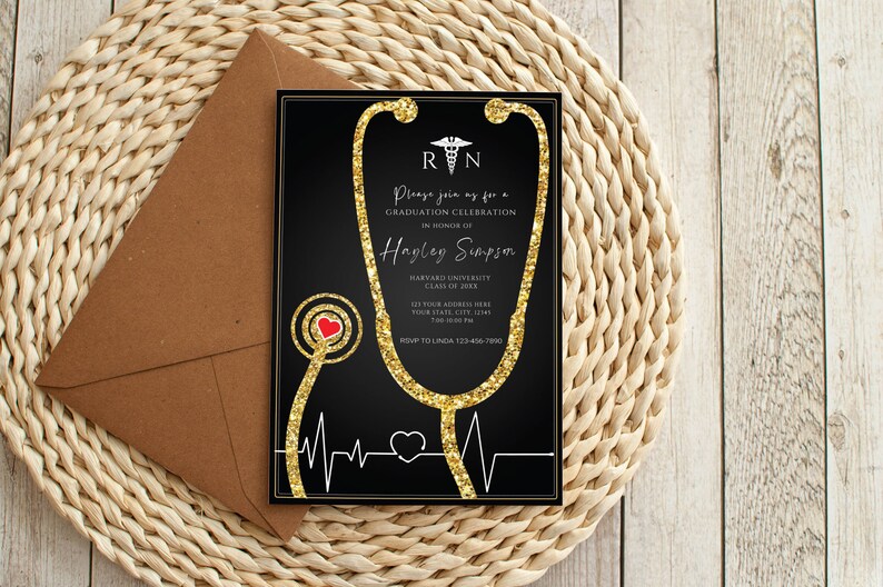 Nurse Graduation Invitation Black and Gold, Nursing Grad Invite Template, Graduation Party Invitation