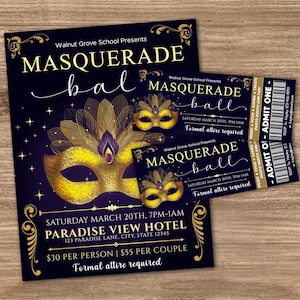 Masquerade Ball Invitation and Ticket Bundle Template, Editable Masquerade Prom Flyer, Junior Senior Prom Party, Masquerade Theme Party