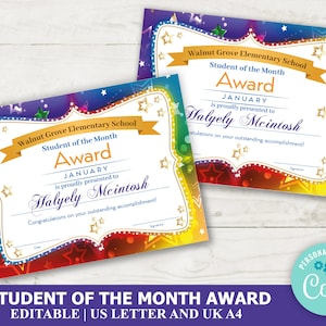 Student Of The Month Certificate Template, Colorful Student Of The Week Award Template with Stars