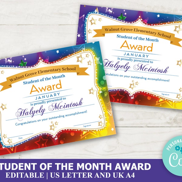 Student Of The Month Certificate Template, Colorful Student Of The Week Award Template with Stars