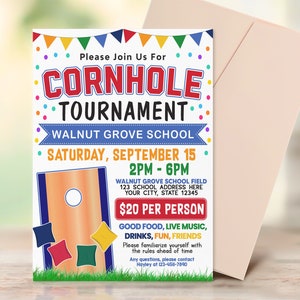 Editable Cornhole Flyer Template, Cornhole Tournament Fundraiser Flyer, Sports Fundraiser, PTO PTA Church School Charity Event Invite