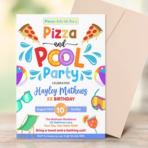 Editable Pizza and Pool Party Invitation, End of School Party, Summer Party Invite, Summer Kids Pool Party, Instant Download
