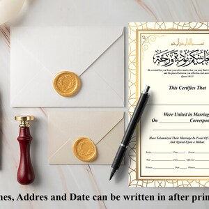May include: A white and gold Islamic marriage certificate with a decorative border. The text "This Certifies That" is printed in black at the top of the certificate. The certificate is designed to be filled out with the names, addresses, and dates of the couple and witnesses.