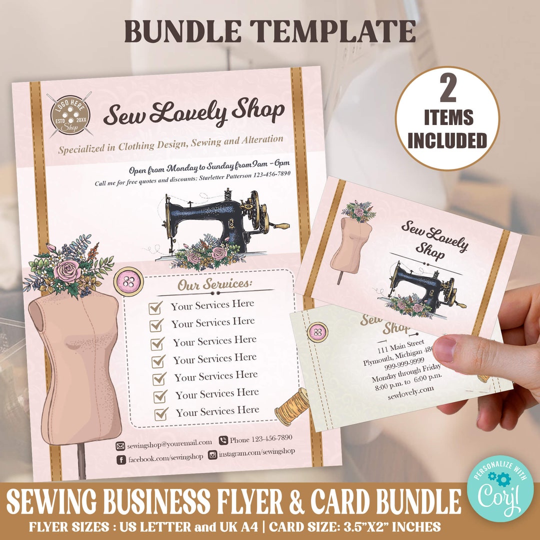 Editable Sewing Flyer and Business Card Bundle Template, Tailor ...