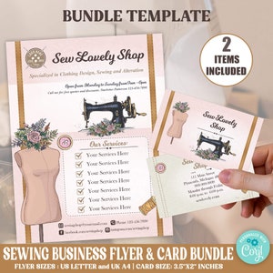 Editable Sewing Flyer and Business Card Bundle Template, Tailor, Crafter Business, Seamstress Marketing Handout and Card