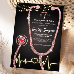 Editable Nurse Graduation Invitation Black and Rose Gold, Nursing Grad Invite Template, Graduation Party Invitation, Paperless Post