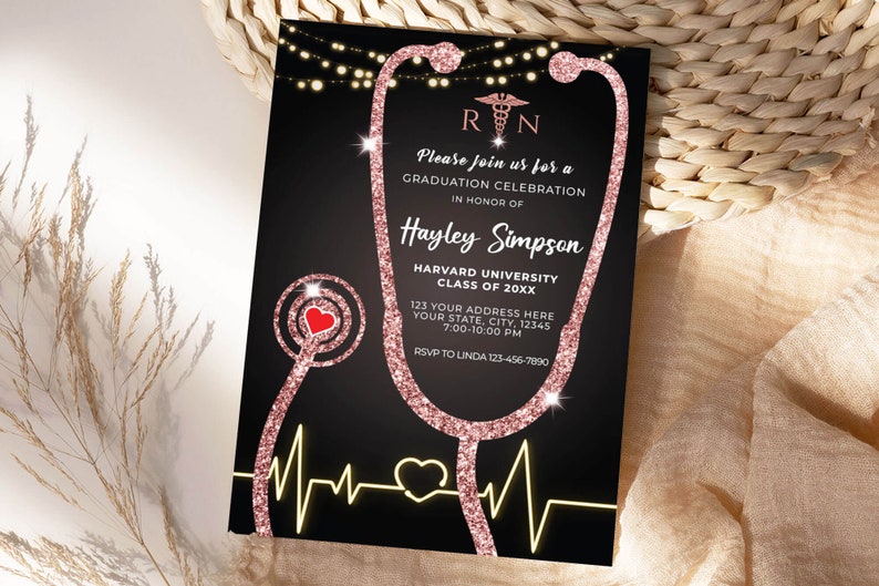 Editable Nurse Graduation Invitation Black and Rose Gold, Nursing Grad Invite Template, Graduation Party Invitation, Paperless Post