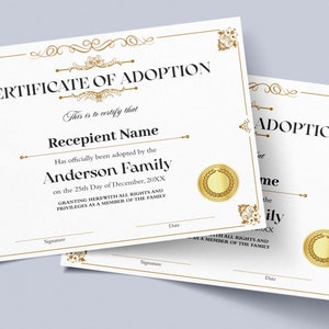 Editable Adoption Certificate Template, Certificate of Adoption to Our Family, Child Adoption Certificate, Stepmother Gift Certificate