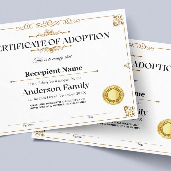 Editable Adoption Certificate Template, Certificate of Adoption to Our Family, Child Adoption Certificate, Stepmother Gift Certificate