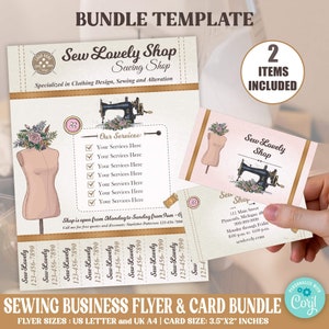 Sewing Flyer With Tear Off and Business Card Bundle, Tailor, Crafter Business, Seamstress Marketing Handout and Card Template
