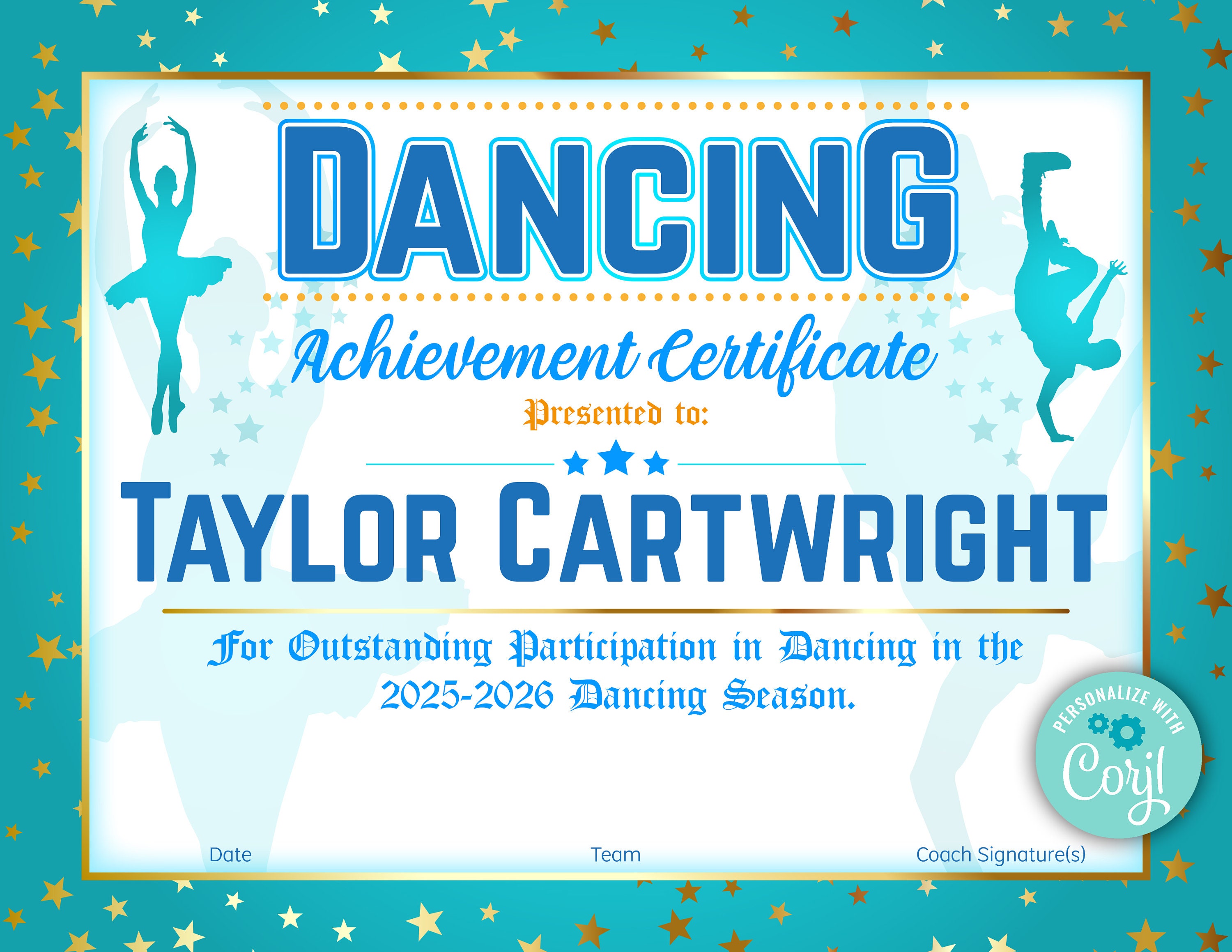 EDITABLE Dancer Certificate Dancing Award Dance Recital Etsy