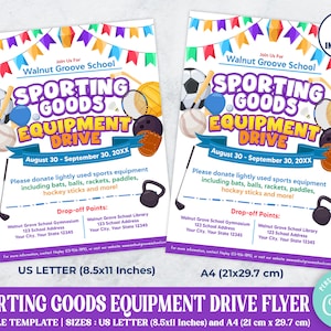 Editable Sporting Goods Equipment Drive Fundraiser Flyer Template, PTO PTA School Church Fundraiser Flyer