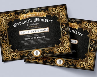 Customizable Certificate of Ordination, Editable Licensed Minister Certificate Template, Elegant Black and Gold, DIY Certificate