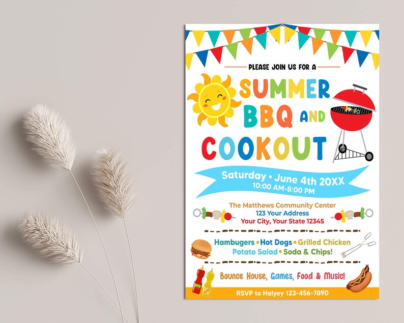 Editable Summer BBQ and Cookout Party Invitation, Summer Barbeque Picnic Invite, Picnic Party Template, BBQ Cookout Party, Instant Download