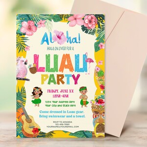 May include: A colorful invitation for a Luau party with a pink flamingo, a coconut drink, a ukulele, and a tiki mask. The text reads "Aloha! Hula on over for a Luau Party. Friday, June XX 12PM-4PM 1234 Your Address Here Your City and State Here Come dressed in Luau gear. Bring swimwear and a towel. RSVP to Amanda 123-456-7890 YOURNAME@YOUREMAIL.COM"