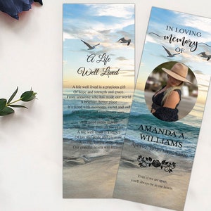 Editable Funeral Bookmark Personalized, Blue Ocean Funeral Keepsake Bookmarks With Photo