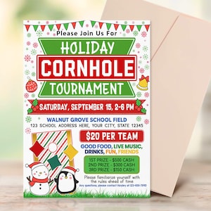 Editable Holiday Cornhole Tournament Flyer Template, Cornhole Fundraiser Invite, Sports Fundraiser, PTO PTA Church School Charity Event